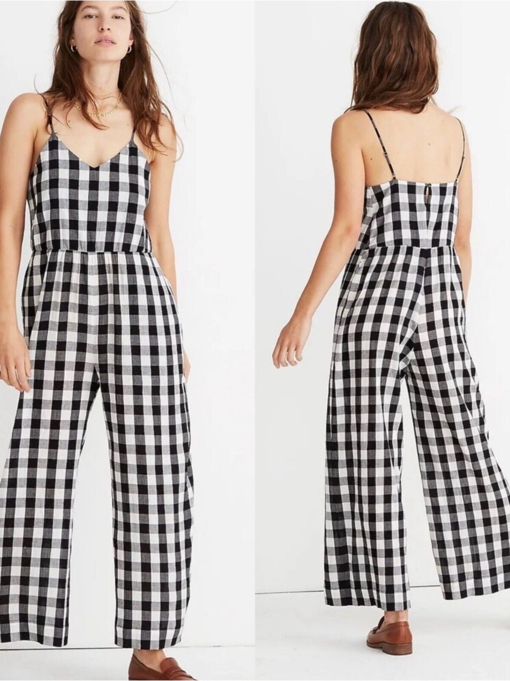Madewell Black & White Gingham Wide-Leg Jumpsuit